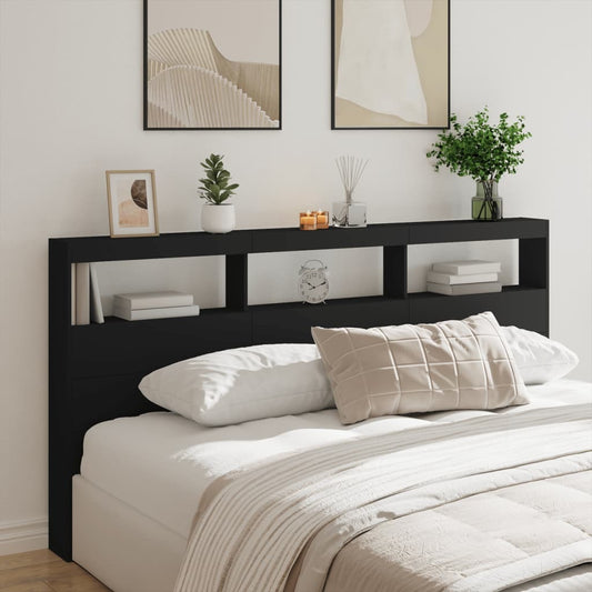 Headboard Cabinet with LED Black 200x17x102 cm