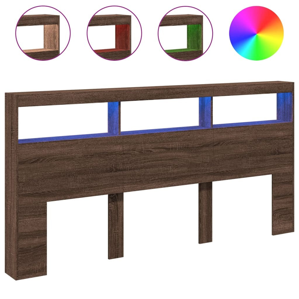 Headboard Cabinet with LED Brown Oak 200x17x102 cm
