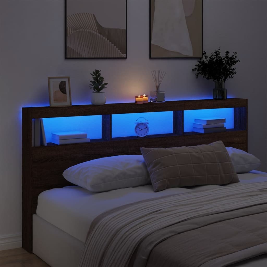Headboard Cabinet with LED Brown Oak 200x17x102 cm