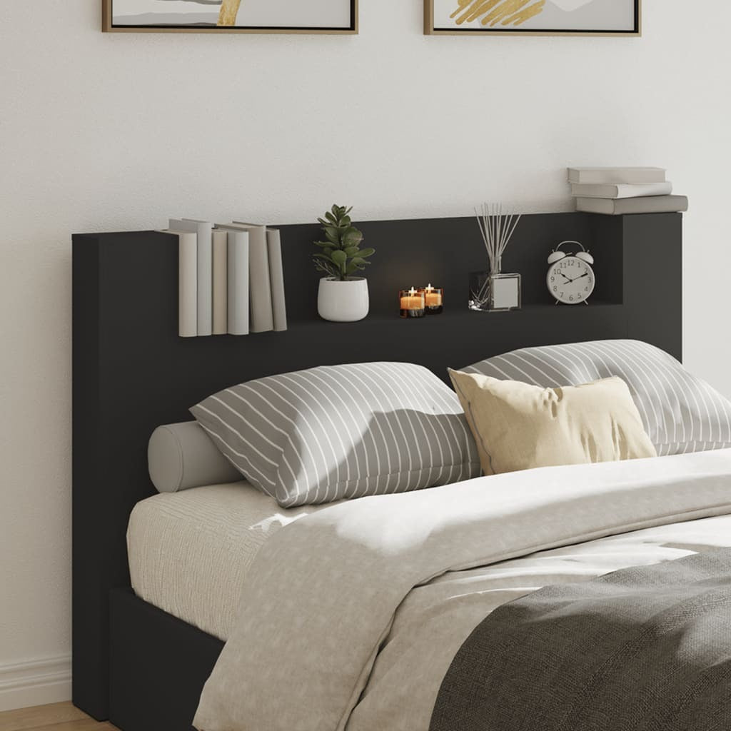 Headboard Cabinet with LED Black 160x16.5x103.5 cm