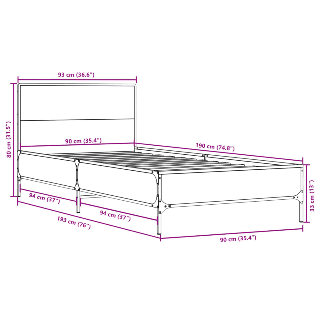 Bed Frame Black 90x190 cm Single Engineered Wood and Metal