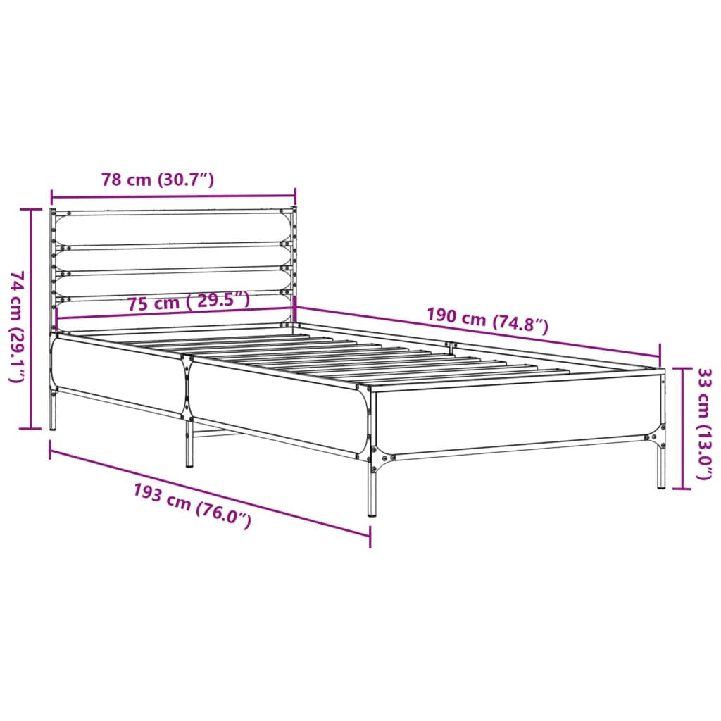 Bed Frame Black 75x190 cm Small Single Engineered Wood and Metal