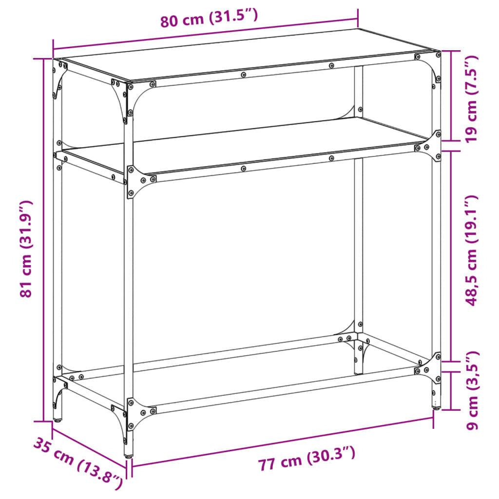 Console Table with Black Glass Top 80x35x81 cm Steel