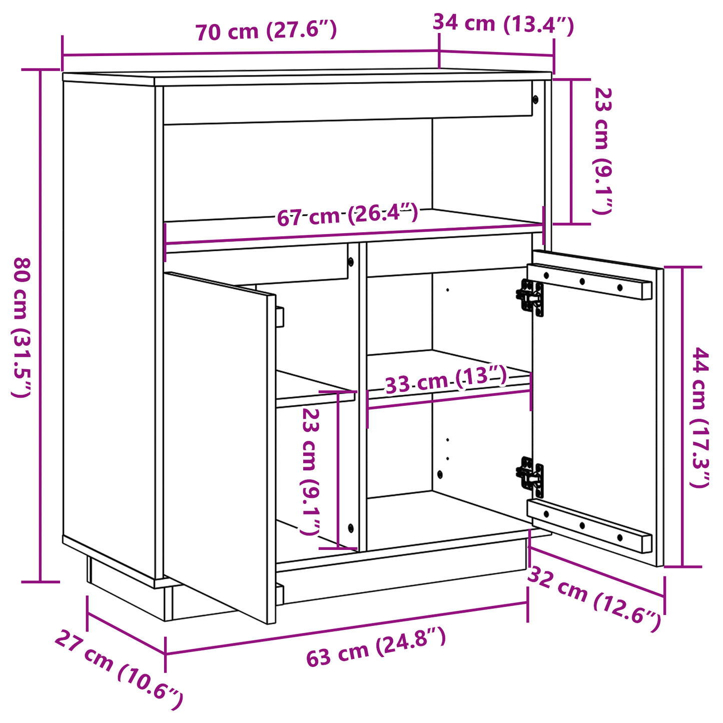Sideboard Wax brown 70 x 34 x 80 cm Solid pine wood