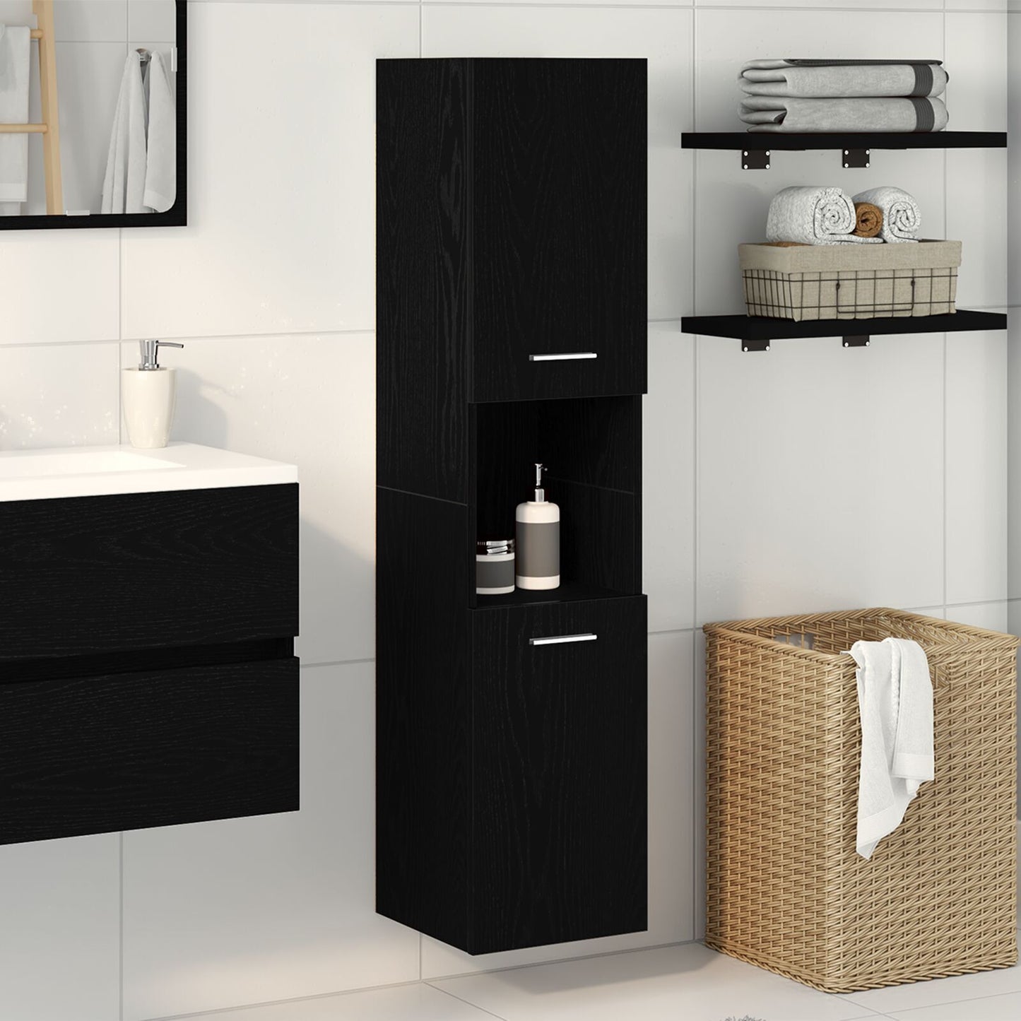 Bathroom Cabinet Black Oak 30 x 30 x 130 cm Engineered Wood