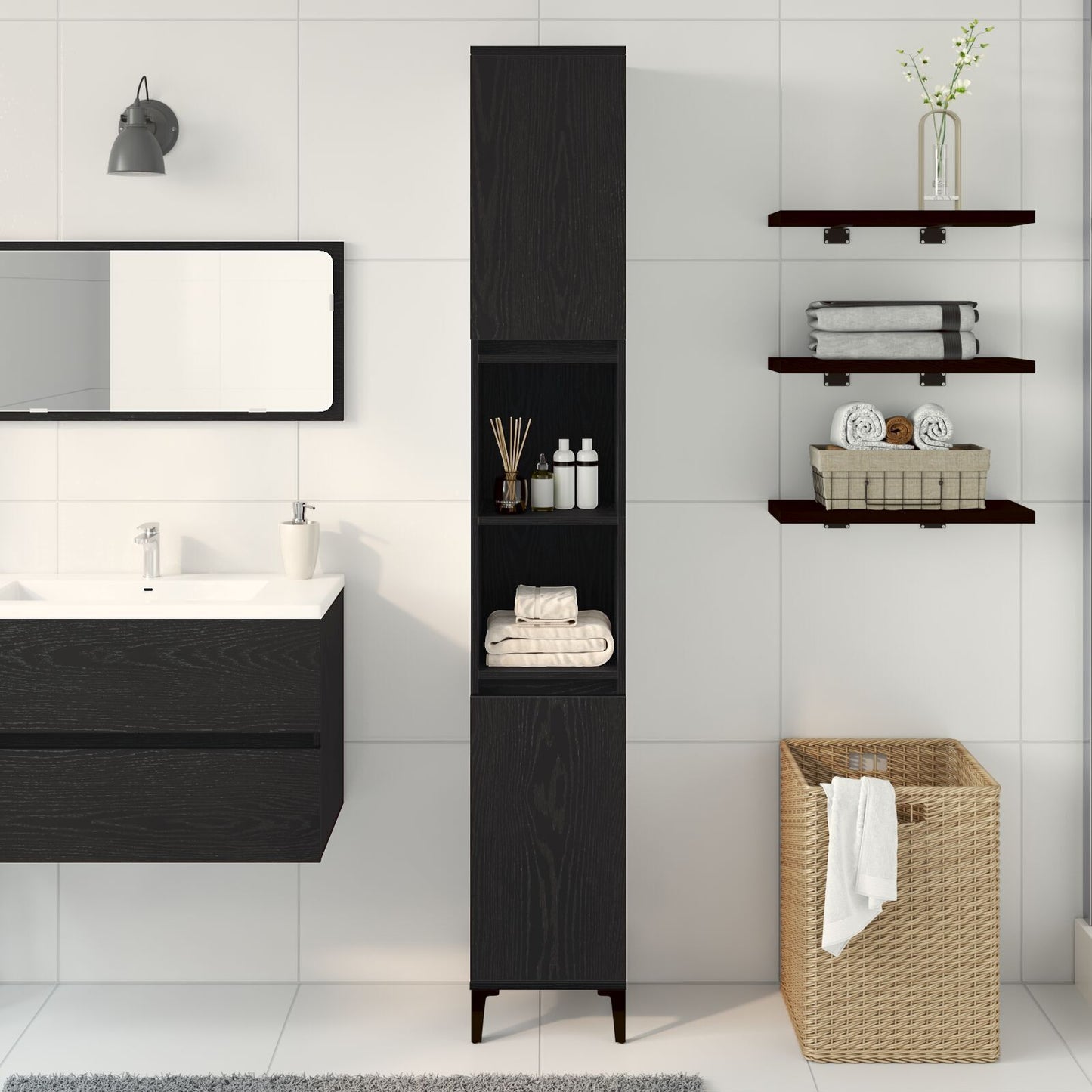 Bathroom Cabinet Black oak 30 x 30 x 190 cm Engineered Wood