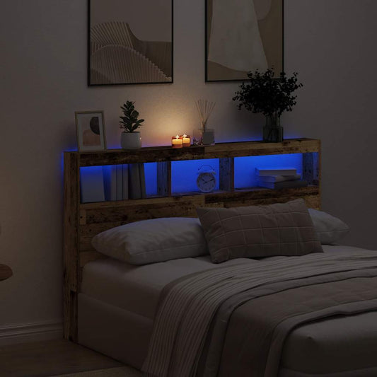 Headboard Cabinet with LED Old Wood 160x17x102 cm