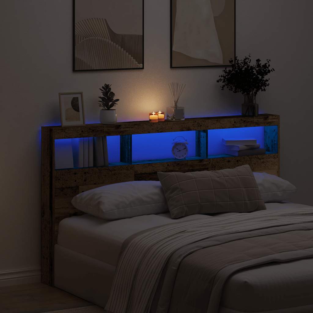 Headboard Cabinet with LED Old Wood 180x17x102 cm