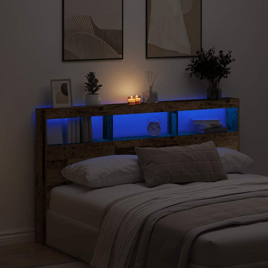 Headboard Cabinet with LED Old Wood 180x17x102 cm
