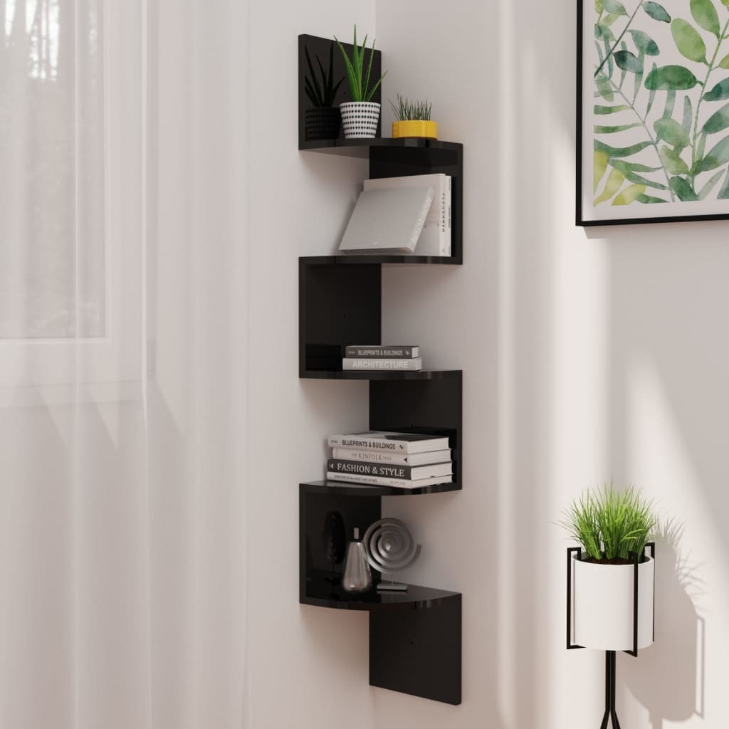 Wall Corner Shelf High Gloss Black 19x19x123 cm Engineered Wood