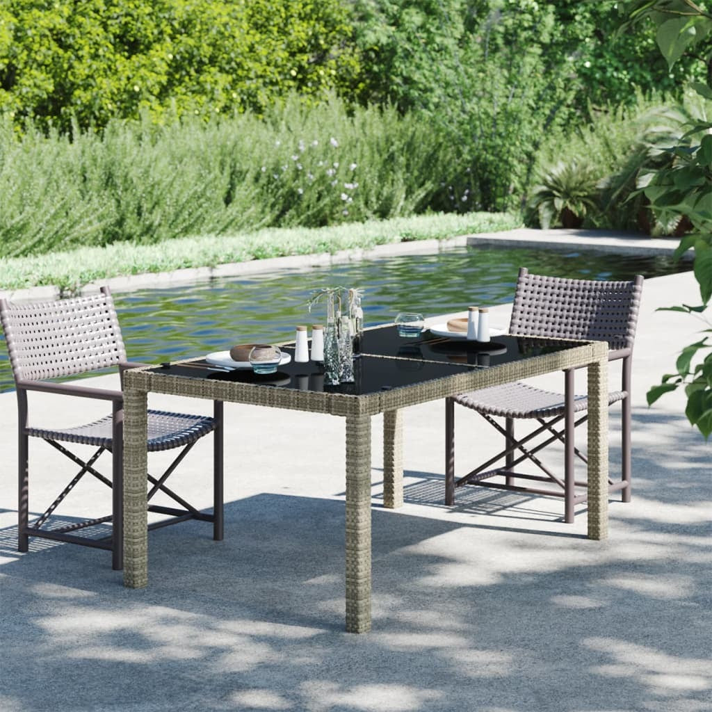 Garden Table 150x90x75 cm Tempered Glass and Poly Rattan Grey