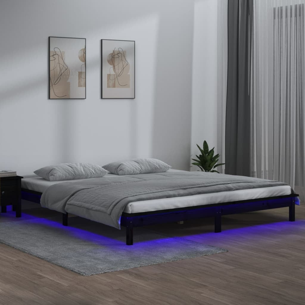 LED Bed Frame Black 120x190 cm 4FT Small Double Solid Wood