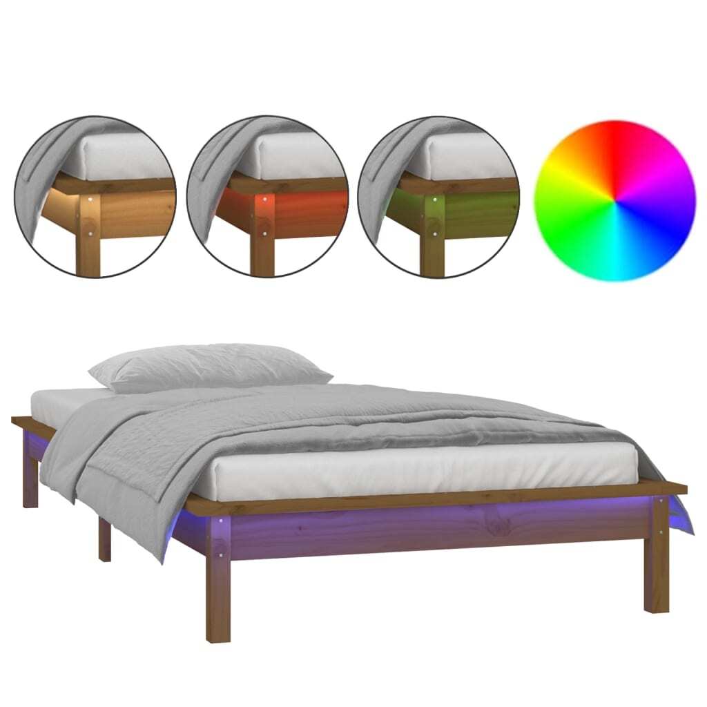 LED Bed Frame Honey Brown 75x190cm Small Single Solid Wood