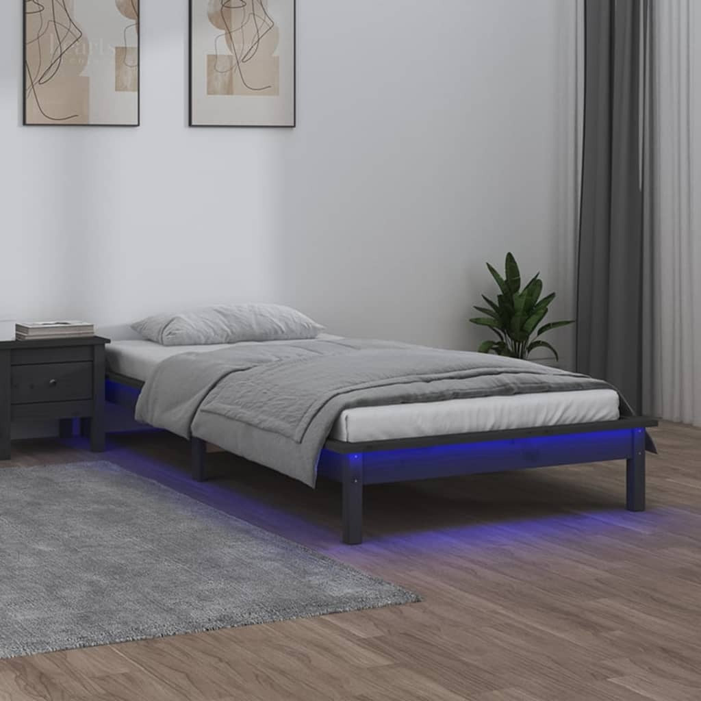 LED Bed Frame Grey 90x200 cm Solid Wood