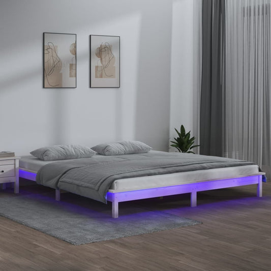 LED Bed Frame White 135x190 cm 4FT6 Double Solid Wood