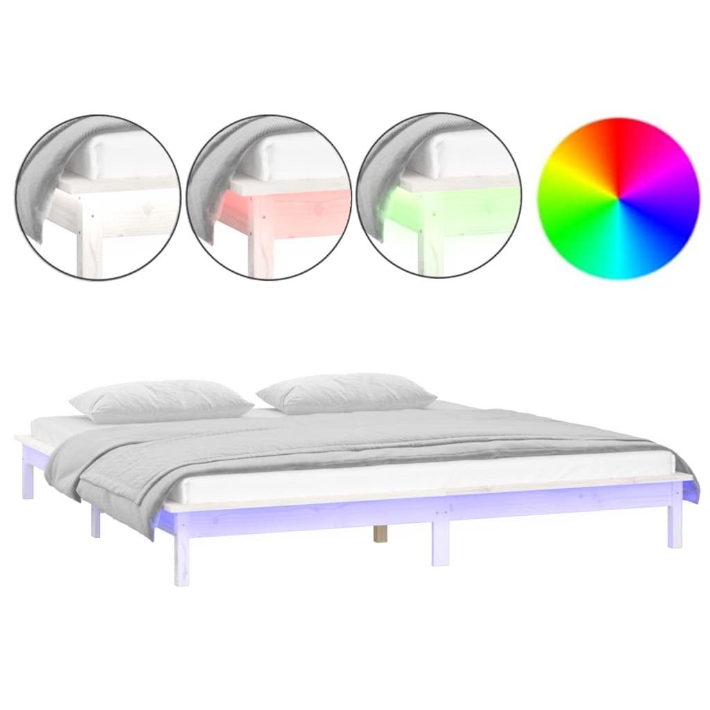 LED Bed Frame White 135x190 cm 4FT6 Double Solid Wood