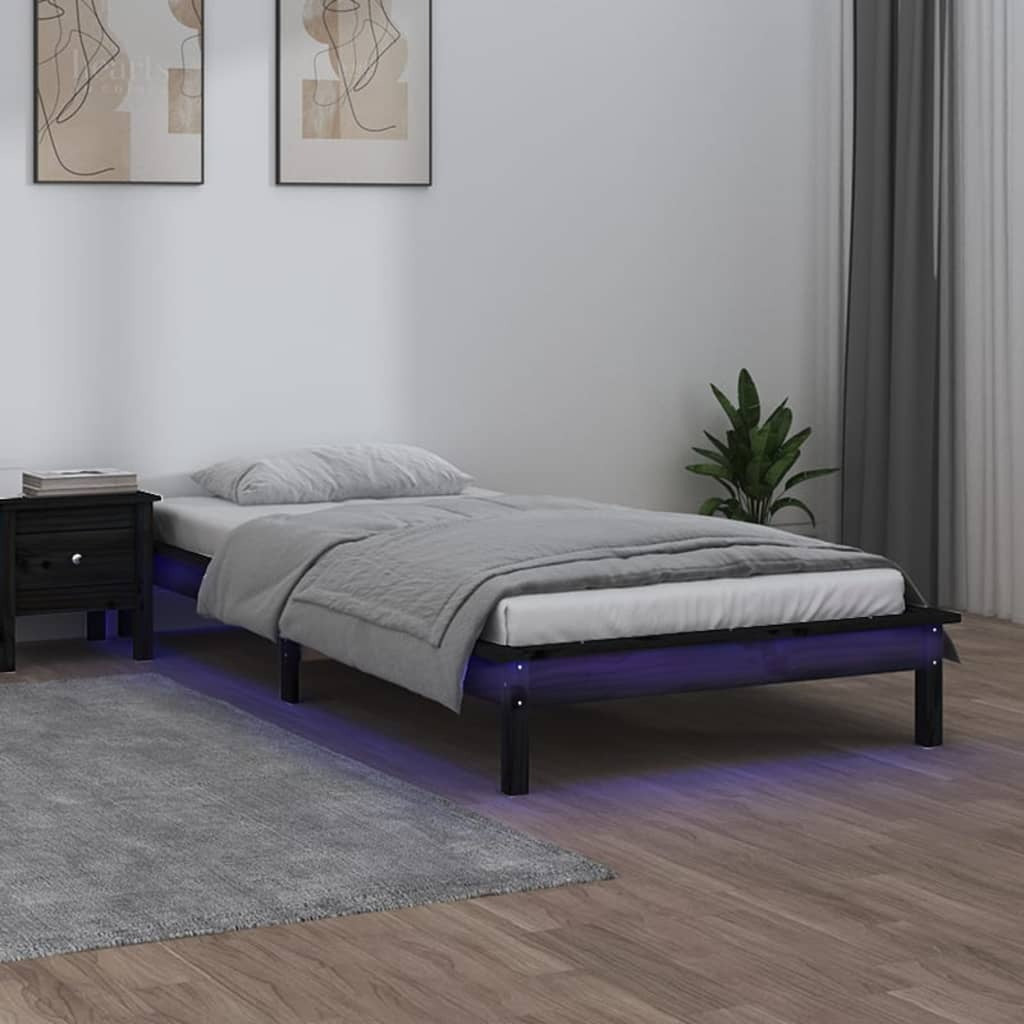 LED Bed Frame Black 90x200 cm Solid Wood
