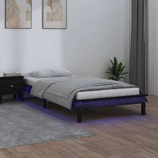 LED Bed Frame Black 90x200 cm Solid Wood