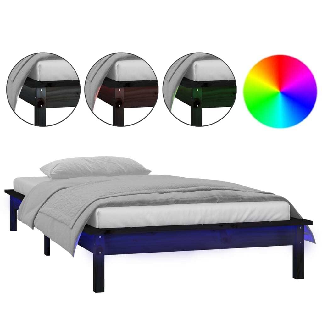 LED Bed Frame Black 90x200 cm Solid Wood