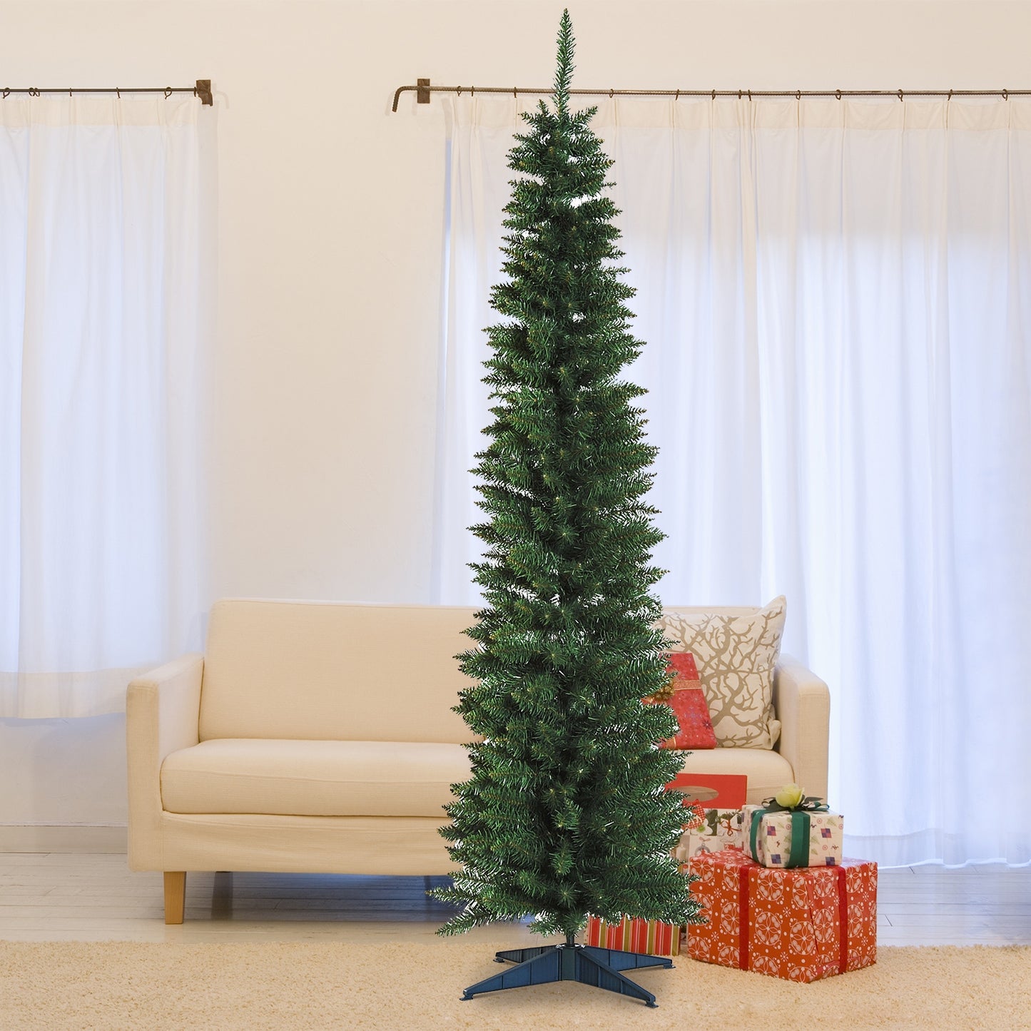 1.8m 6ft Artificial Pine Pencil Slim Tall Christmas Tree with 390 Branch Tips