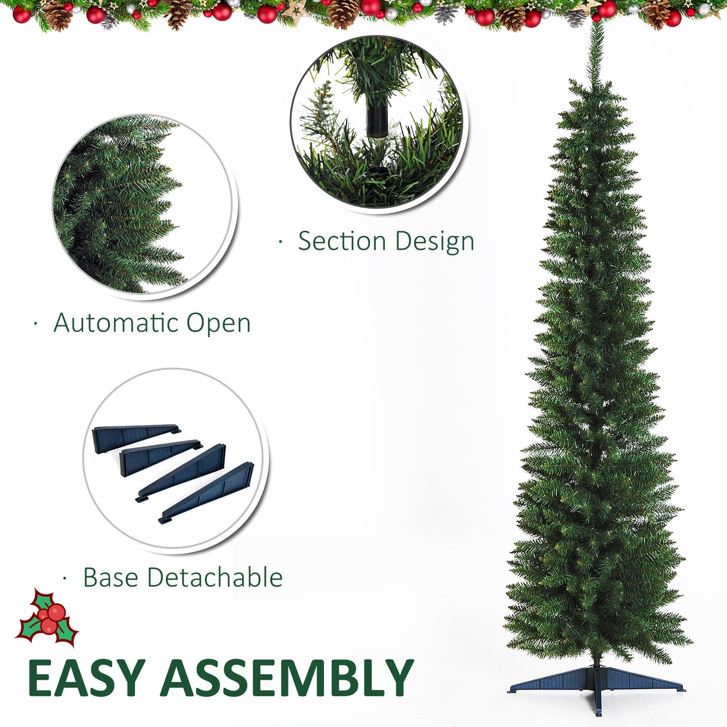 1.8m 6ft Artificial Pine Pencil Slim Tall Christmas Tree with 390 Branch Tips