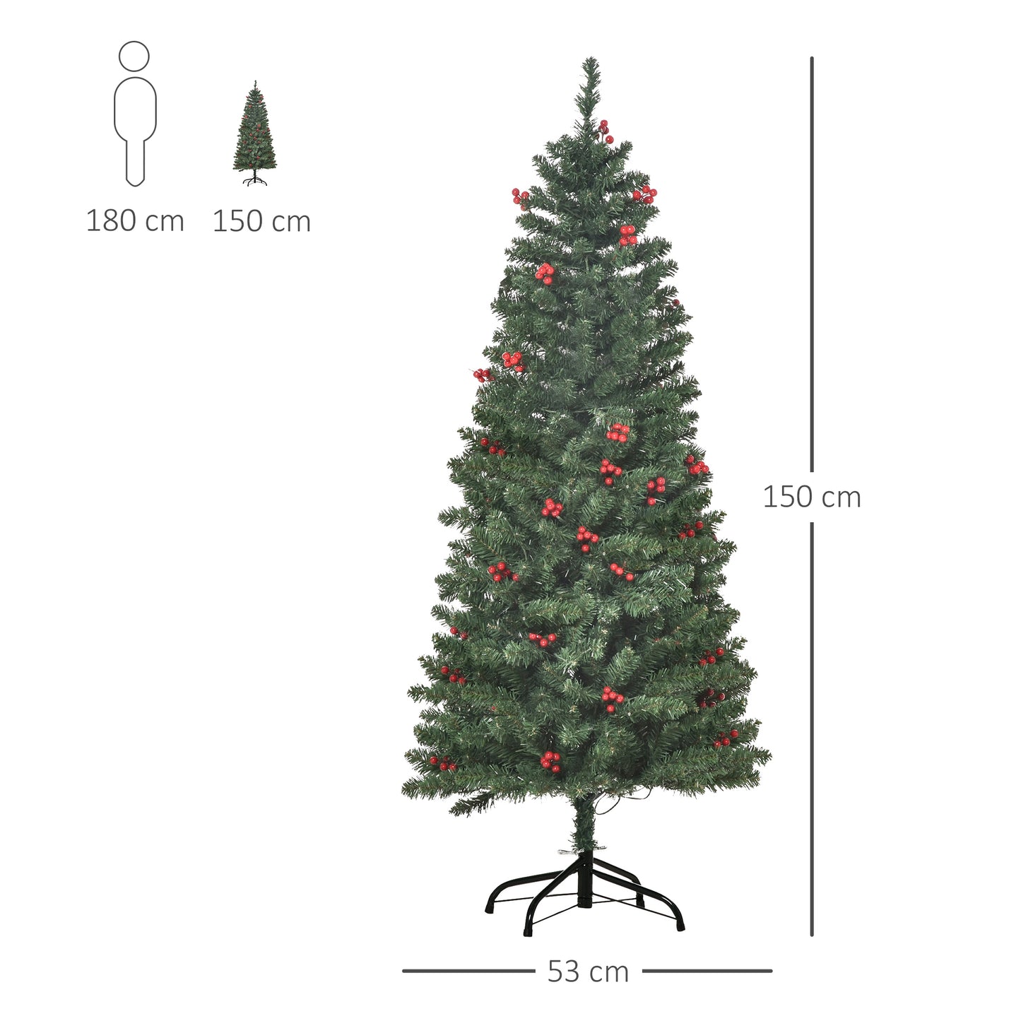5FT Prelit Artificial Pencil Christmas Tree Warm White LED Red Berry Green