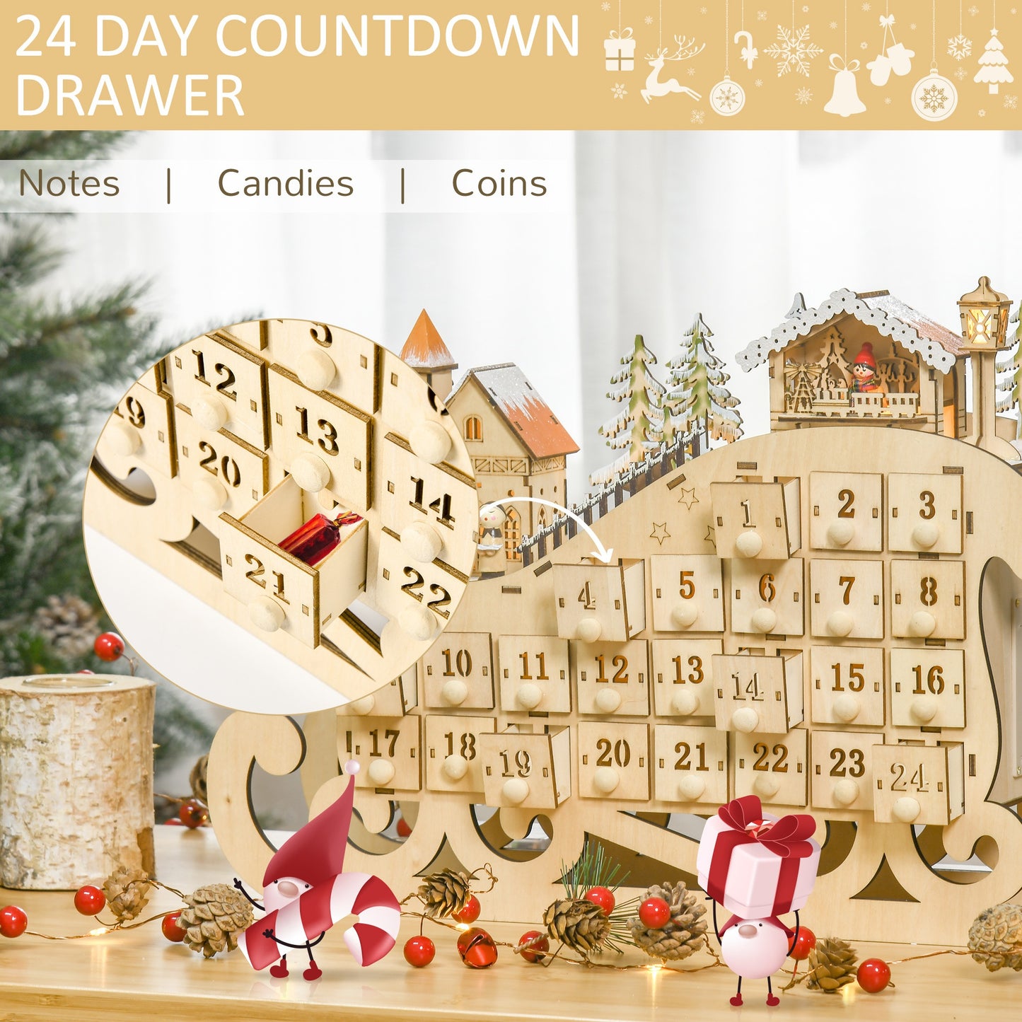 Christmas Advent Calendar 2021 Light Up Wooden Sleigh Countdown Natural