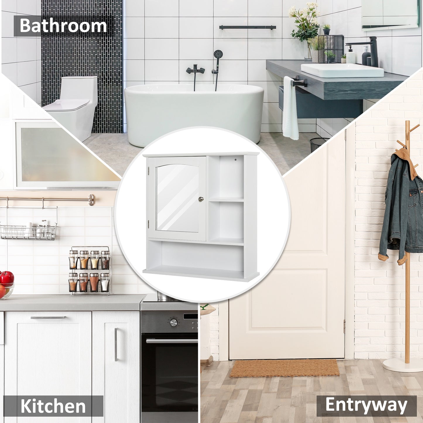 Wall Mount Mirror Cabinet Bathroom Storage Single Door Mounted Glass Cupboard