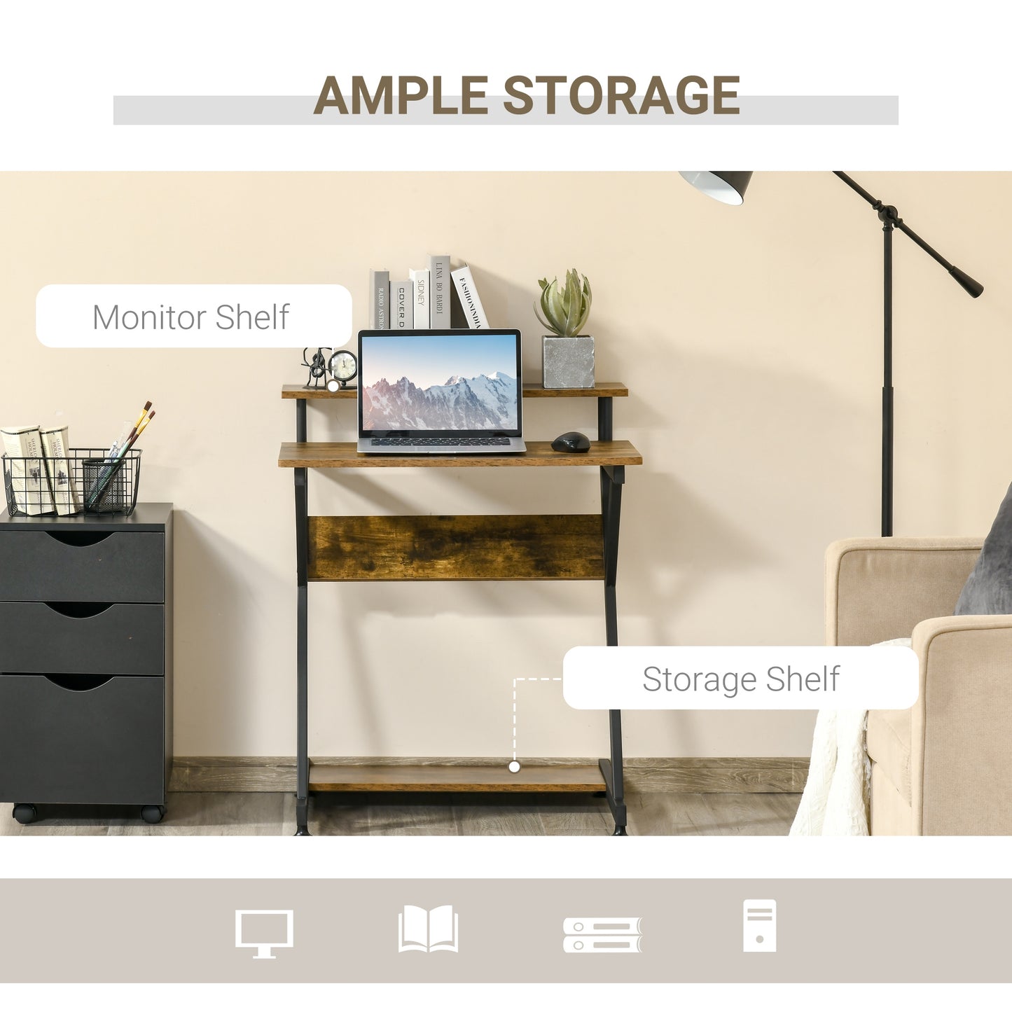 Computer Desk with Monitor Shelf and Storage, R Shaped Brown