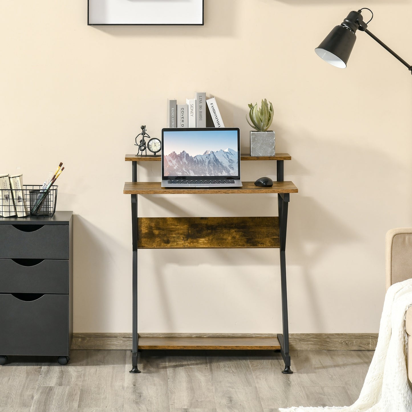 Computer Desk with Monitor Shelf and Storage, R Shaped Brown