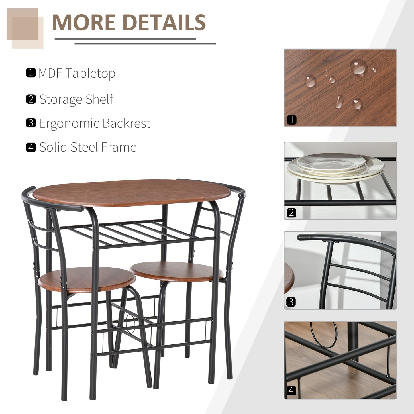 MDF 2-Seater Bar Stool and Table Set w/ Bottle Storage Shelf Wood Tone