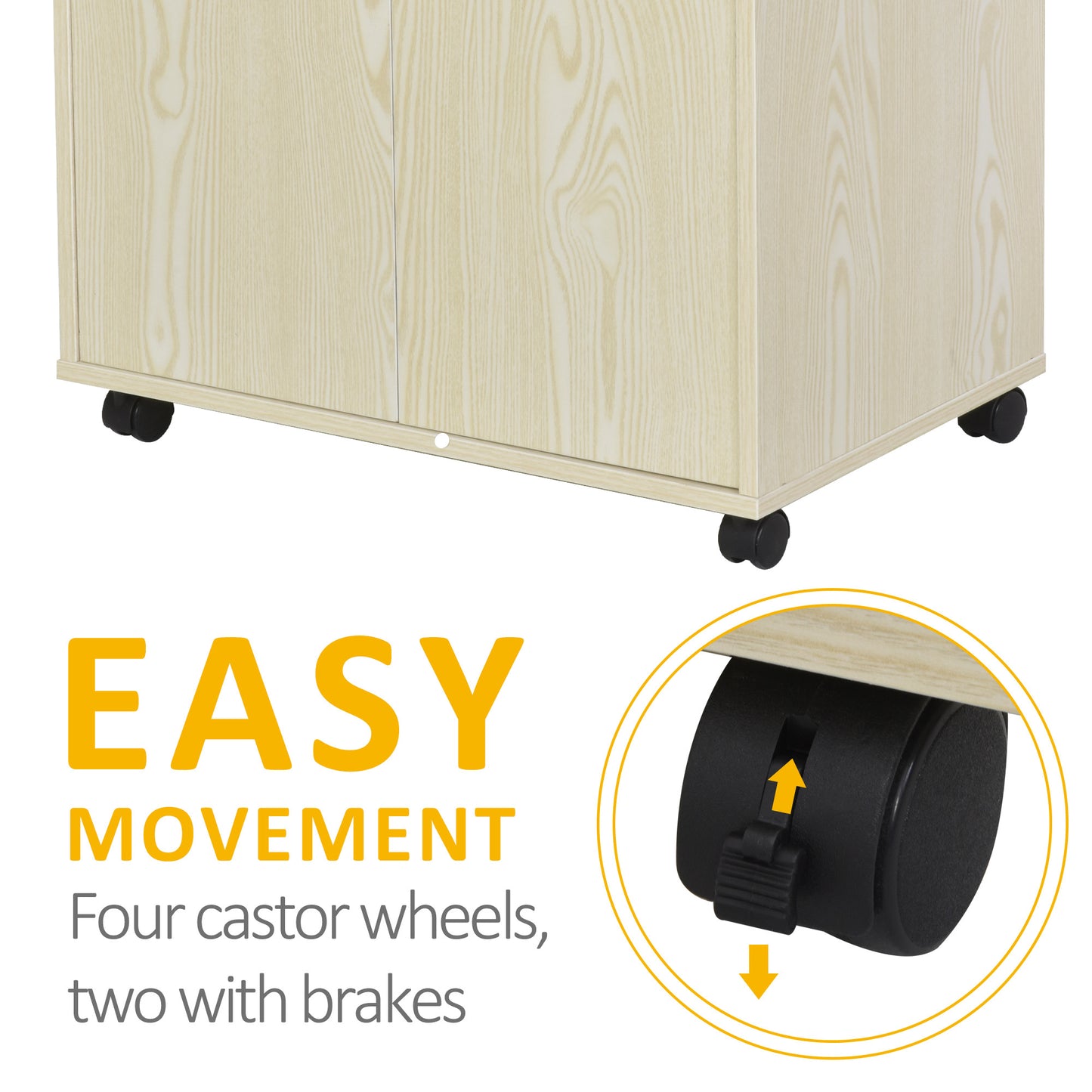 Kitchen Pantry Cupboard W/Rolling Wheels, 97H x 60.4W x 40.3Dcm, Oak