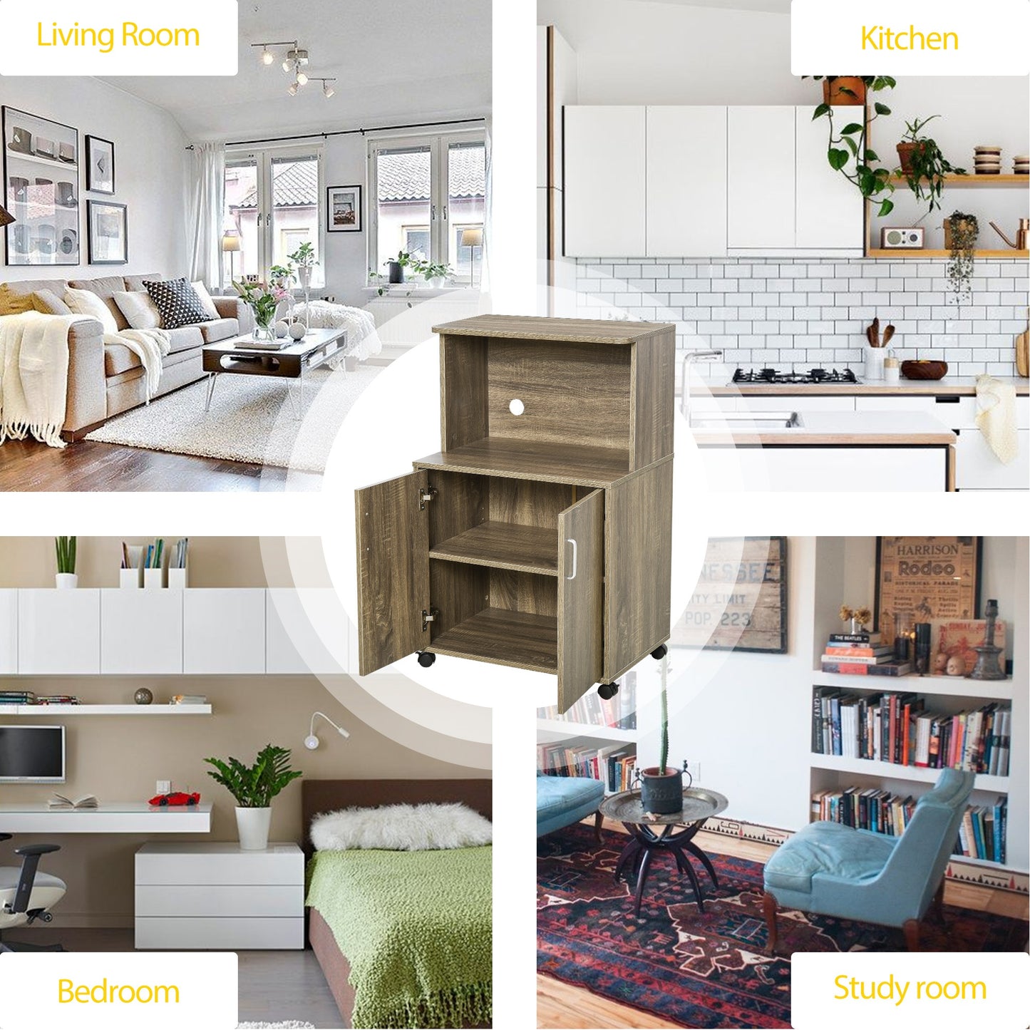 Kitchen Pantry Cupboard W/Rolling Wheels, 97H x 60.4W x 40.3Dcm, Oak