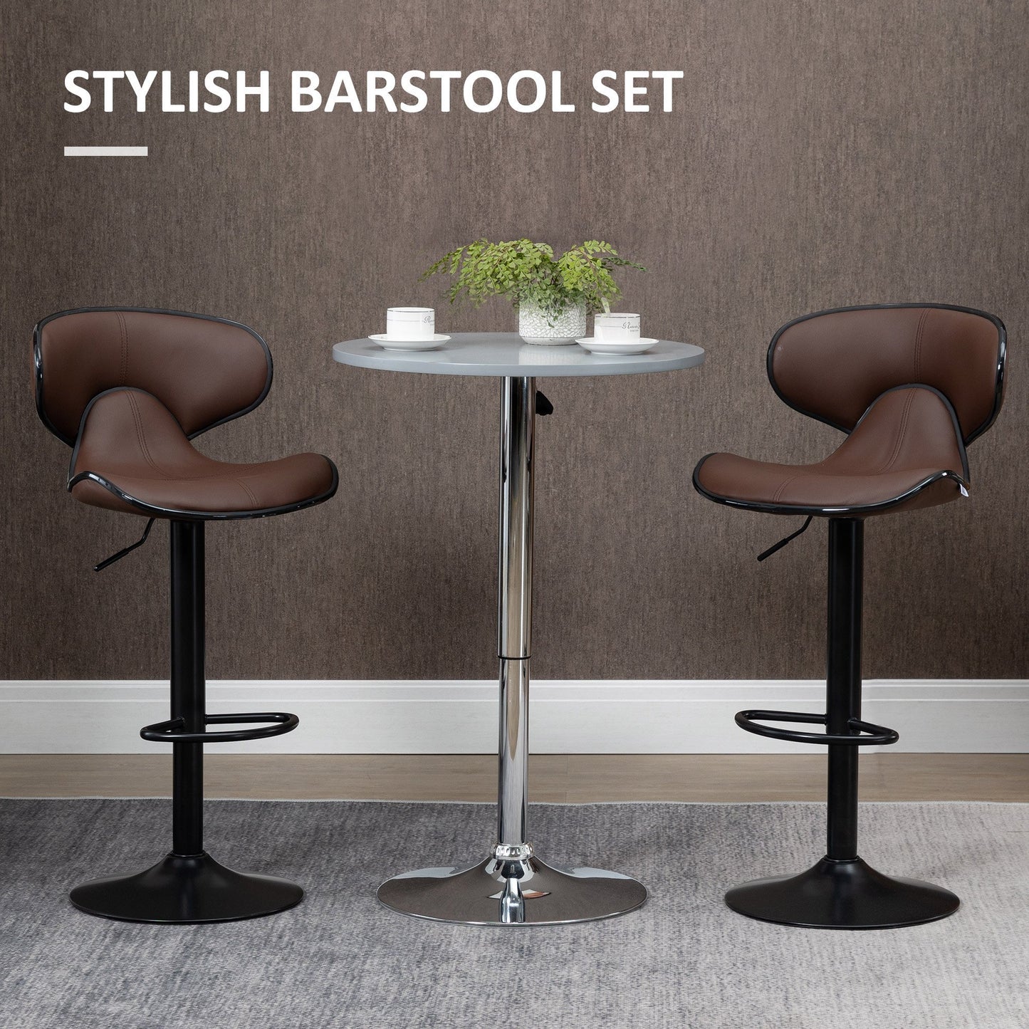 Set of 2, Barstools with Footrest and Backrest, Steel Frame Gas Lift Brown