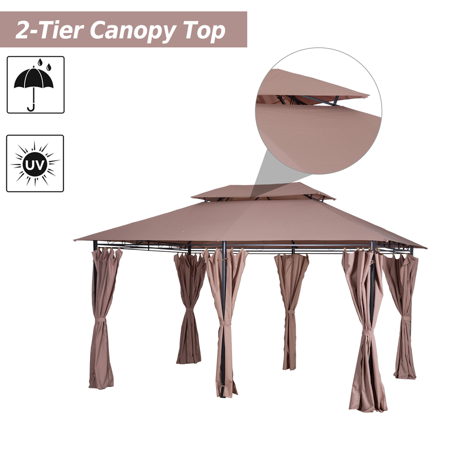 Outsunny 4m x 3m Pavilion Steel Frame Garden Gazebo Khaki