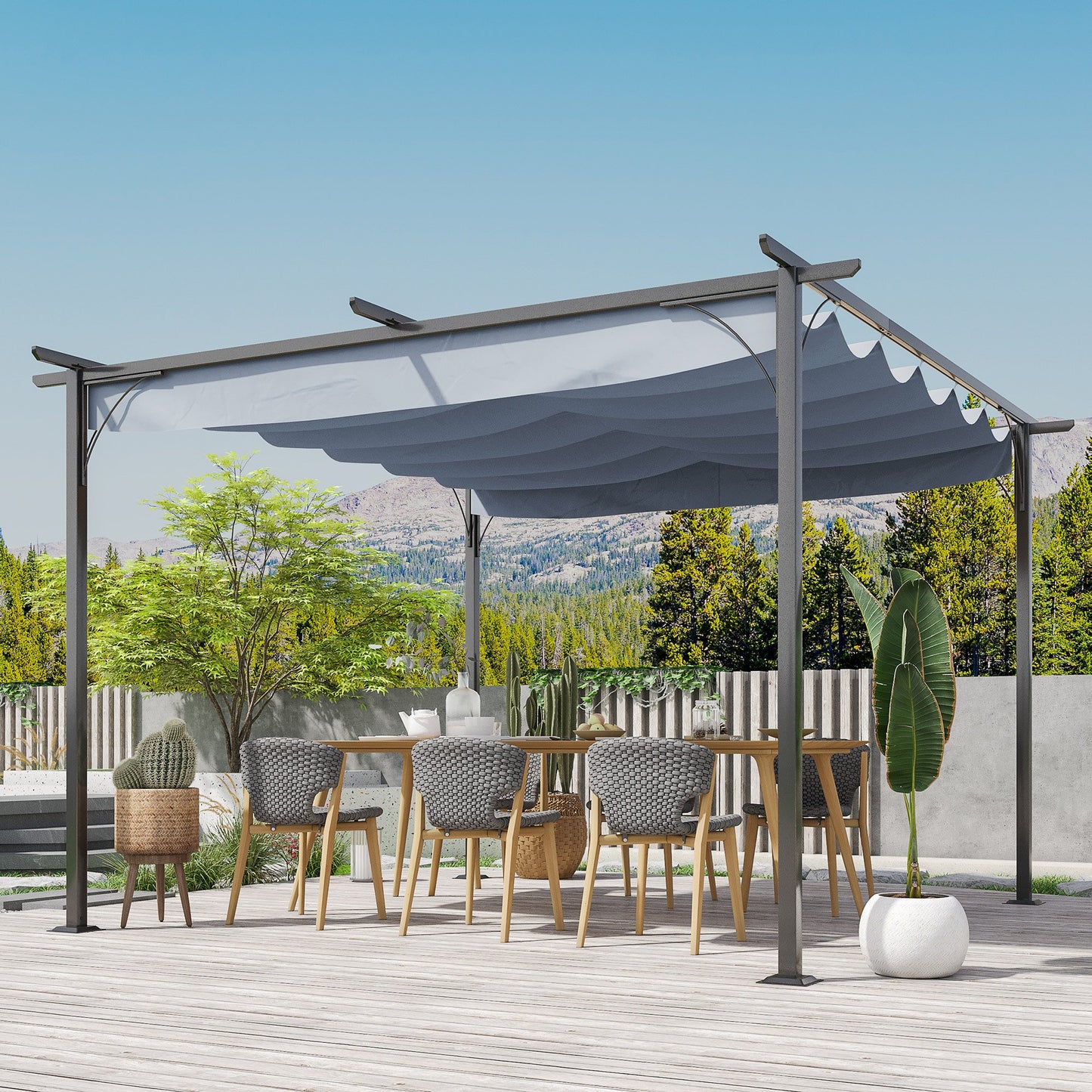 3.5M X 3.5M Metal Pergola Gazebo Awning Retractable Canopy Grey Steel ,