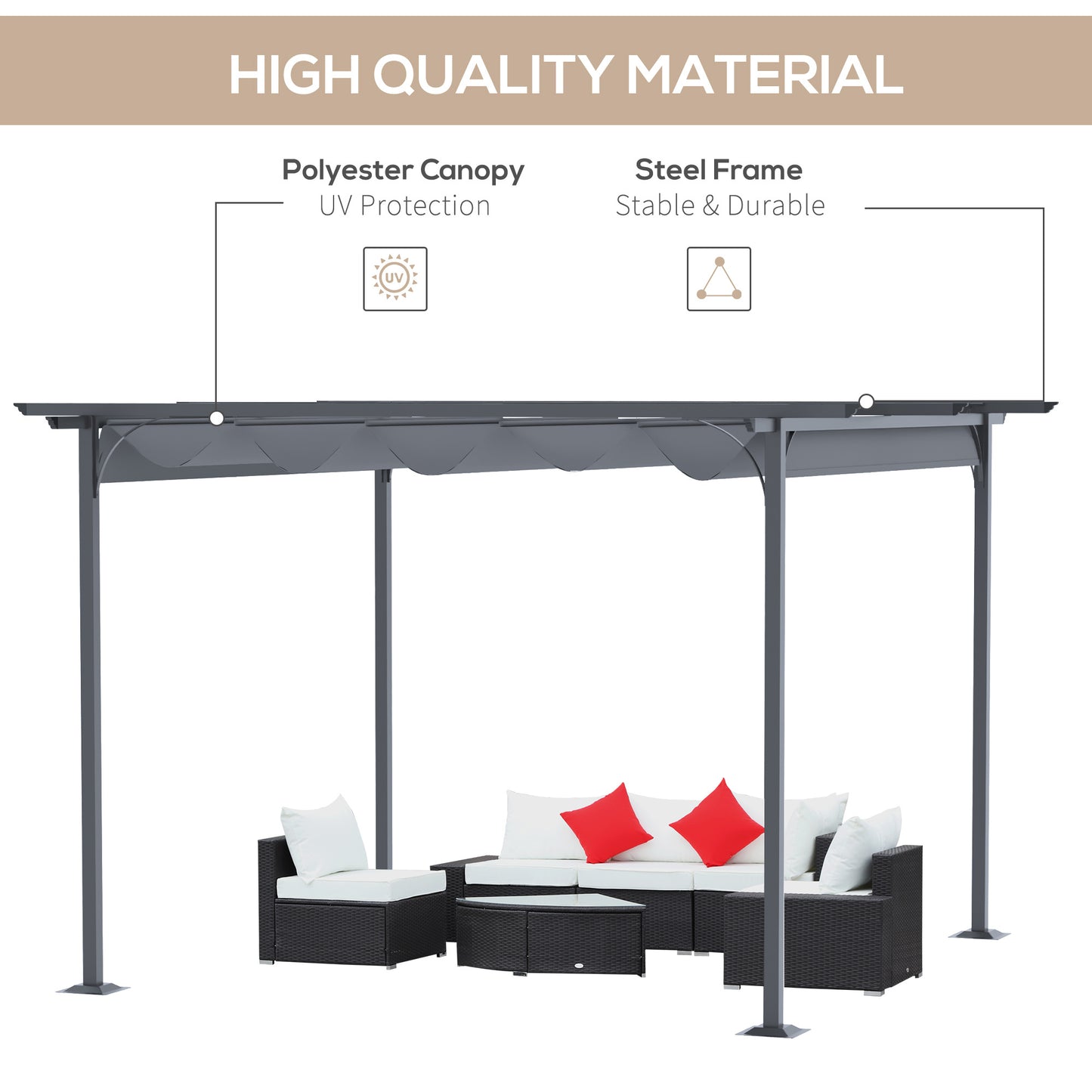 3.5M X 3.5M Metal Pergola Gazebo Awning Retractable Canopy Grey Steel ,