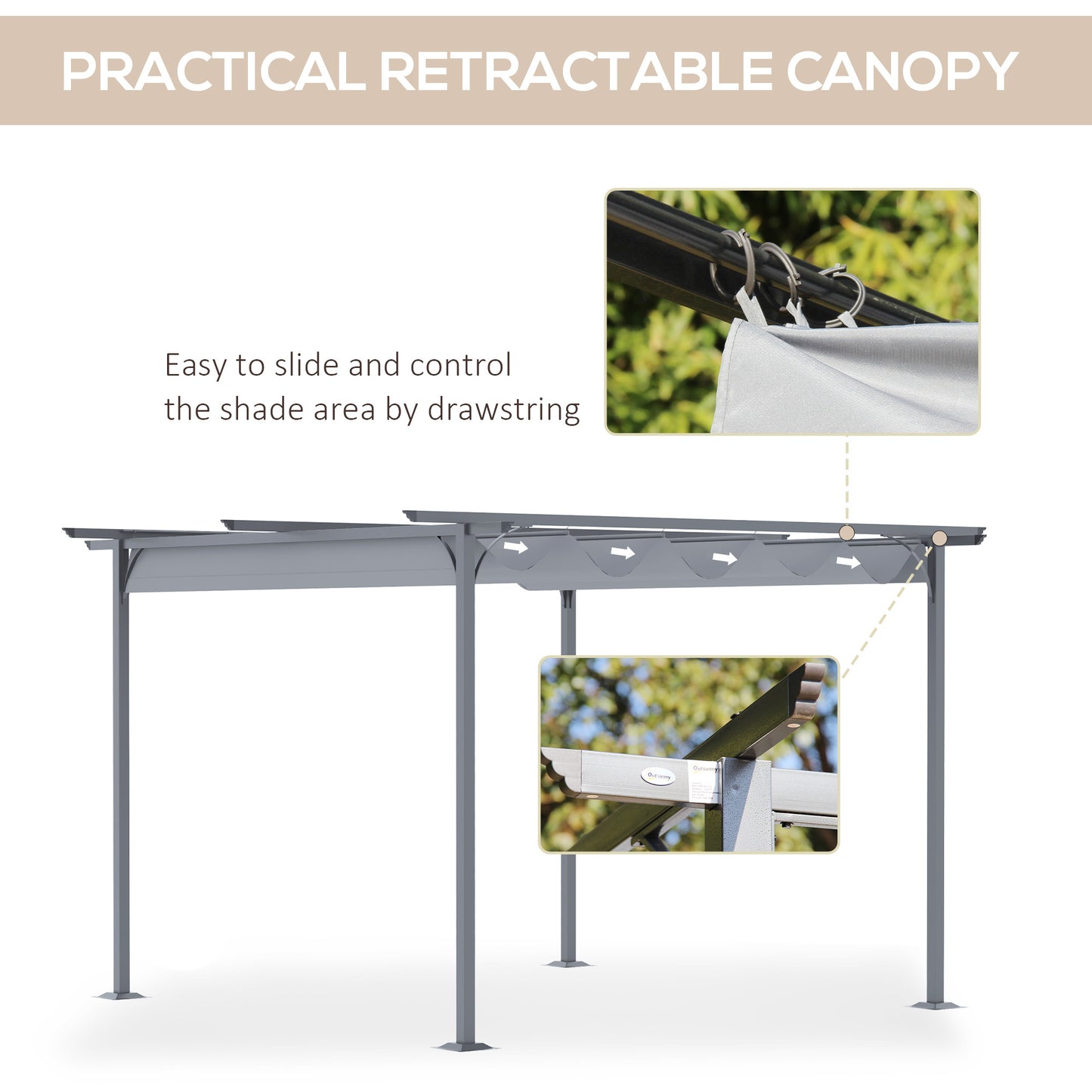 3.5M X 3.5M Metal Pergola Gazebo Awning Retractable Canopy Grey Steel ,