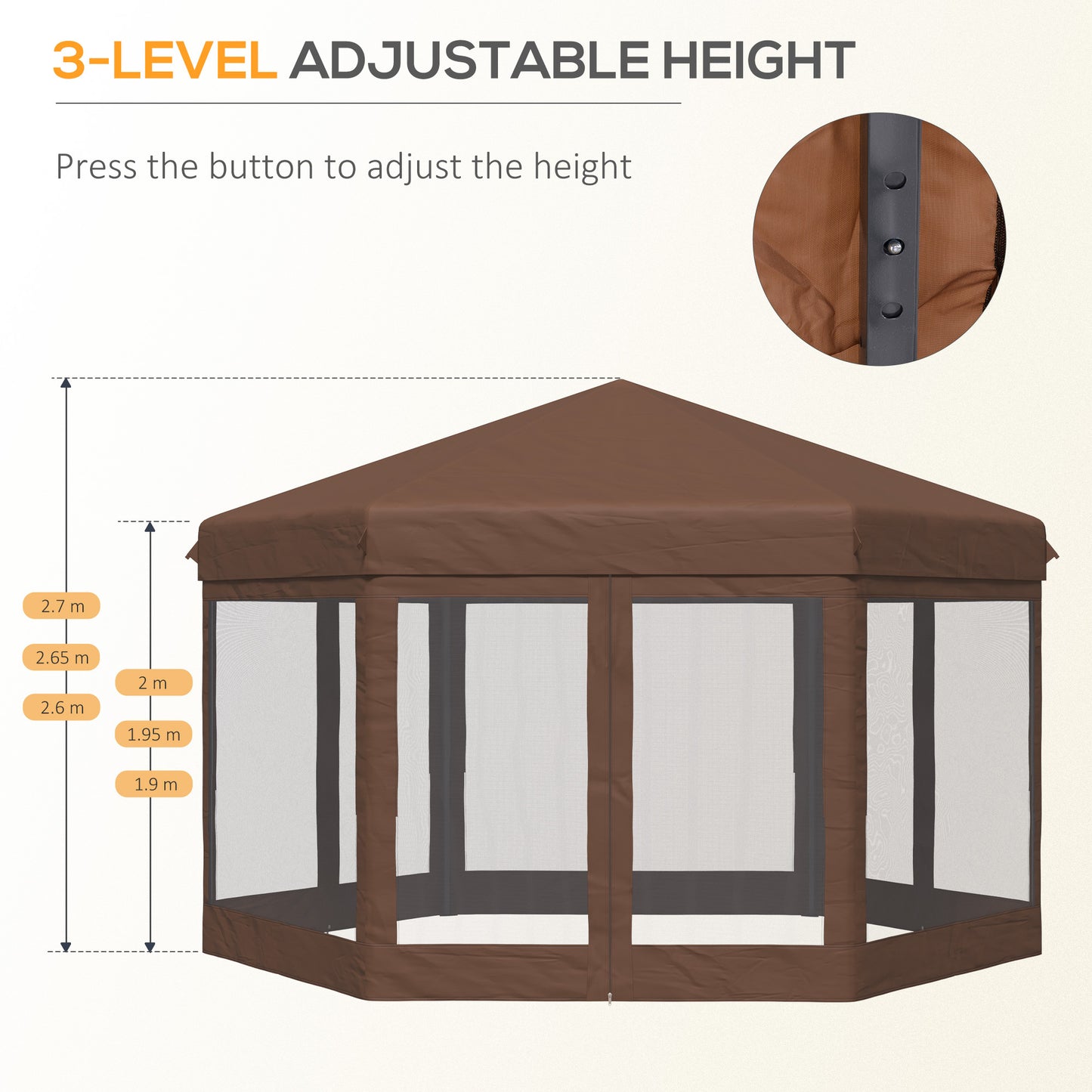 Hexagonal Garden Gazebo Shelter Adjustable with Mosquito Net Brown