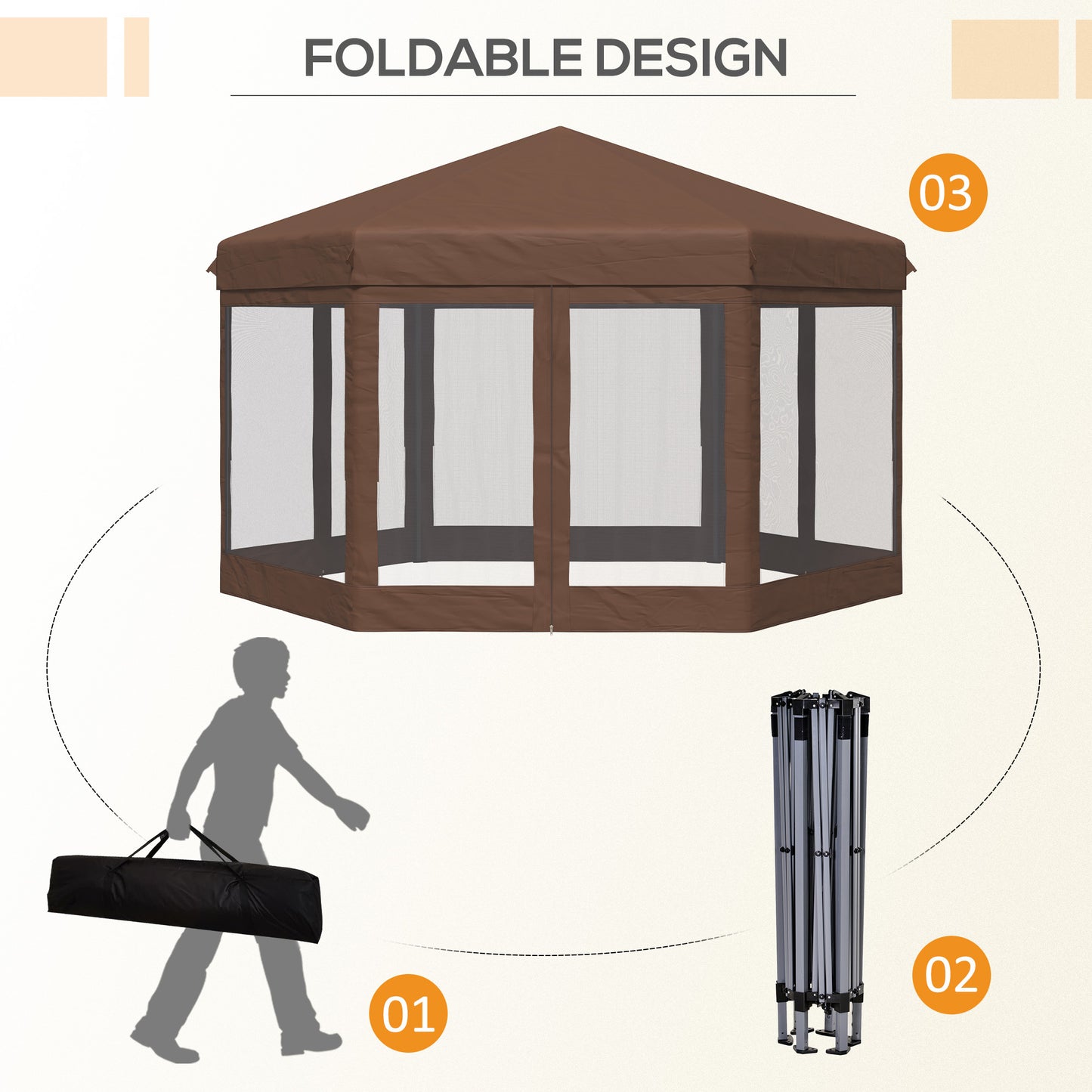 Hexagonal Garden Gazebo Shelter Adjustable with Mosquito Net Brown