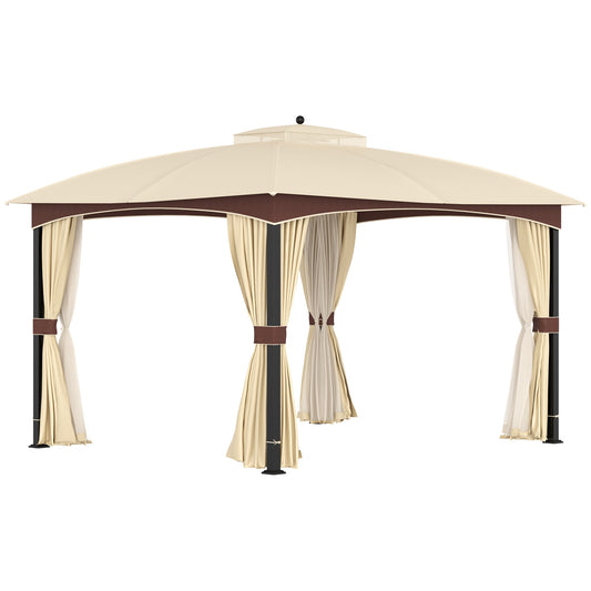 4 x 3m Patio Gazebo, Double Tier Roof, Removable Net Khaki