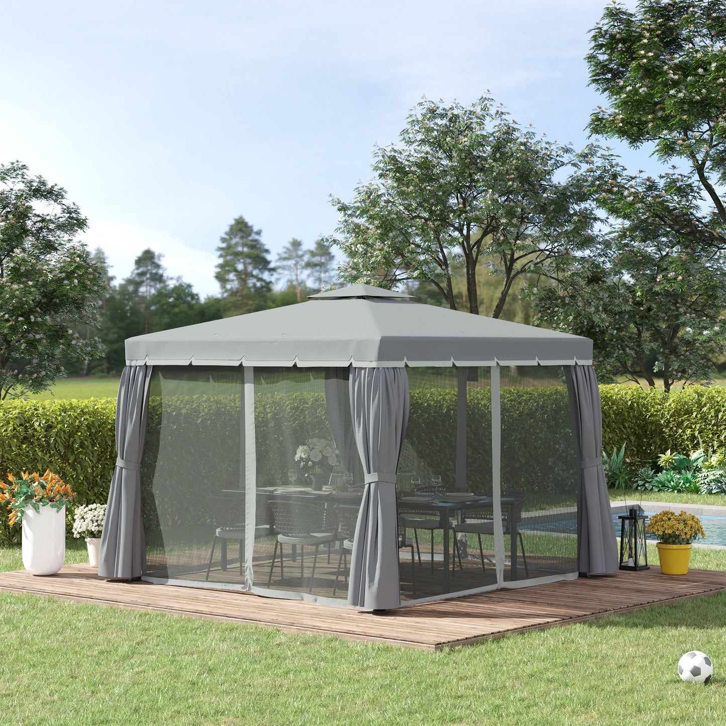 3 x 3m Gazebo Canopy 2 Tier Roof, Mosquito Net, Aluminum, Dark Grey