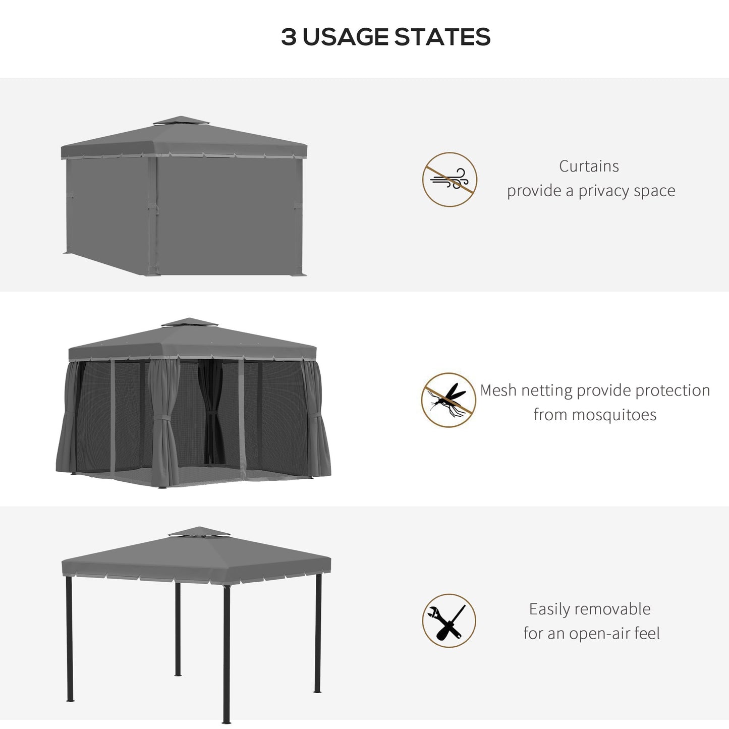 3 x 3m Gazebo Canopy 2 Tier Roof, Mosquito Net, Aluminum, Dark Grey