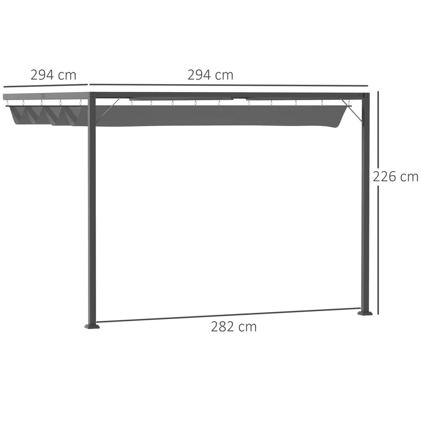 3x3m Pergola Retractable Canopy Wall Mounted Gazebo Sun Shade, Grey