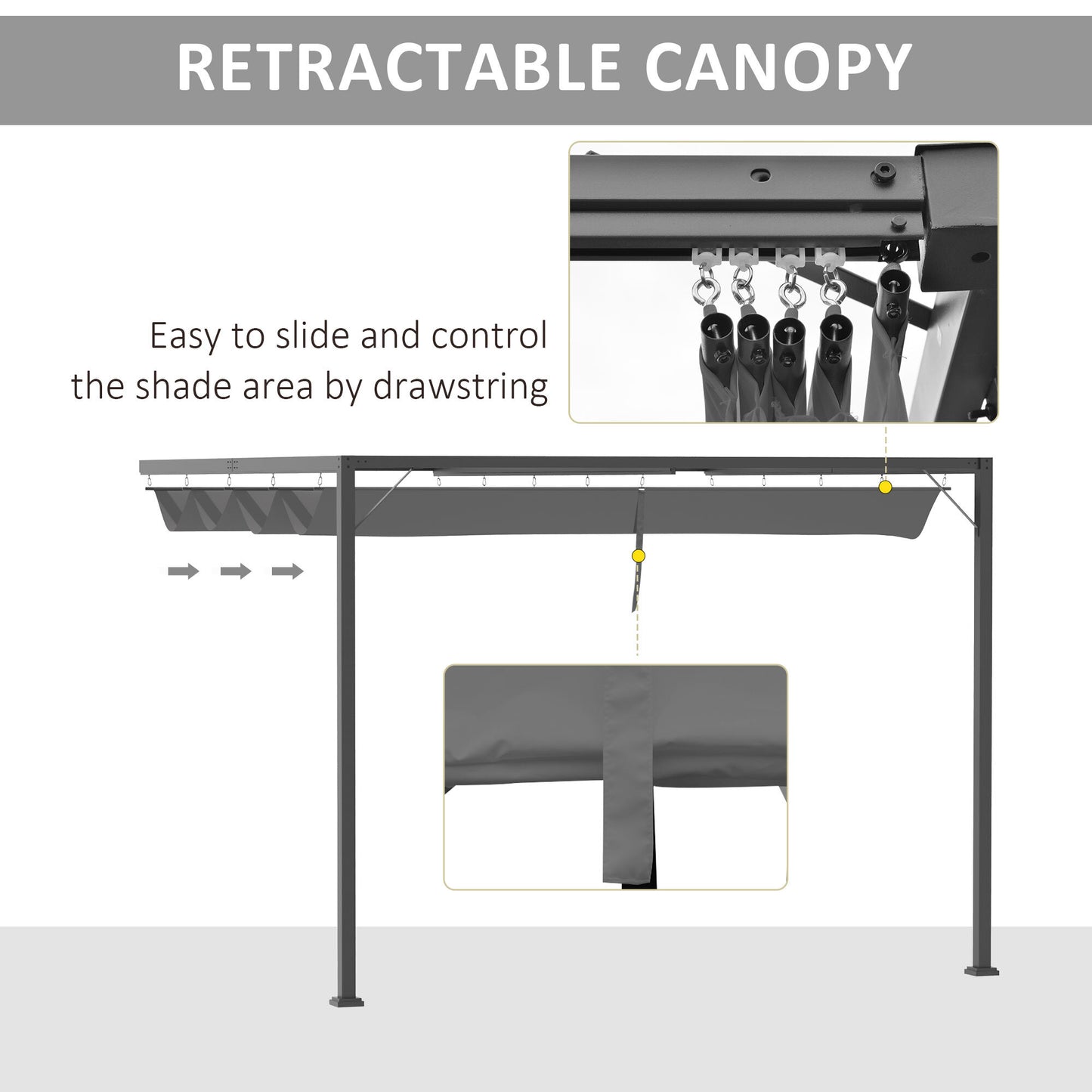 3x3m Pergola Retractable Canopy Wall Mounted Gazebo Sun Shade, Grey