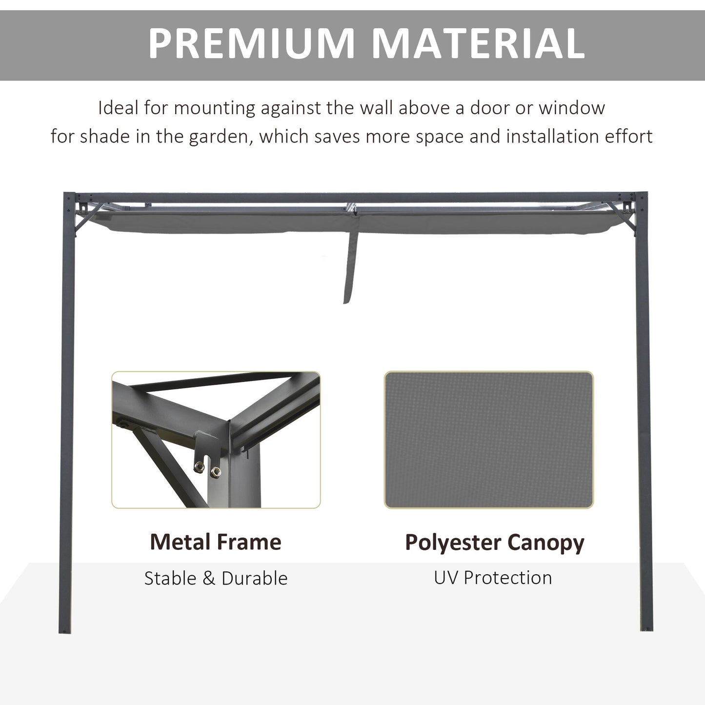 3x3m Pergola Retractable Canopy Wall Mounted Gazebo Sun Shade, Grey