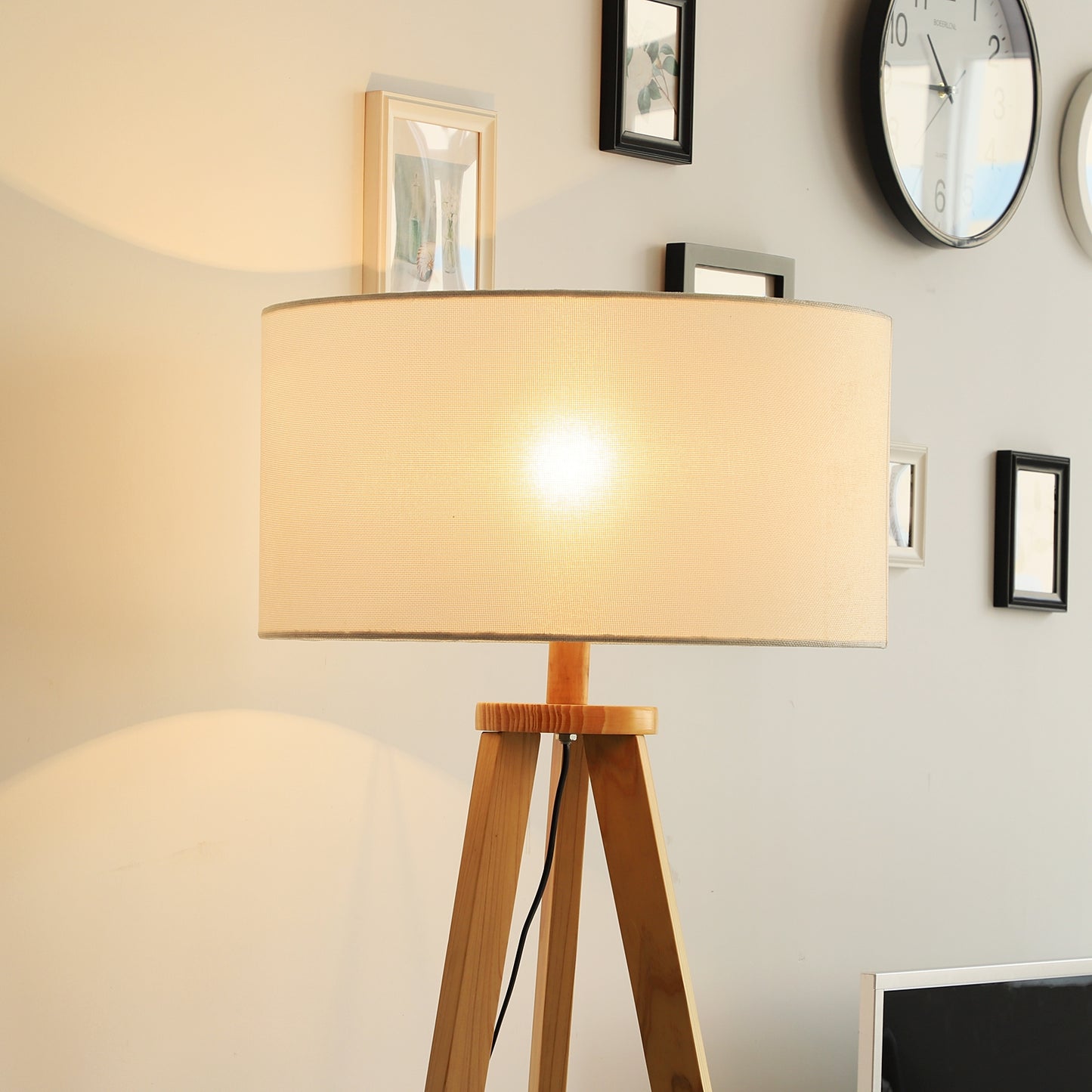 Floor Lamp, 154H cm-Beige/Natural Wood Colour