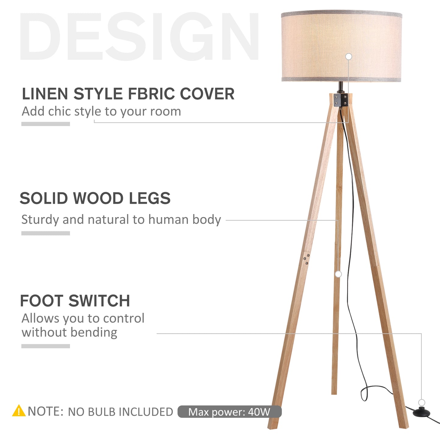 Rubber Wood Tripod Floor Lamp Beige