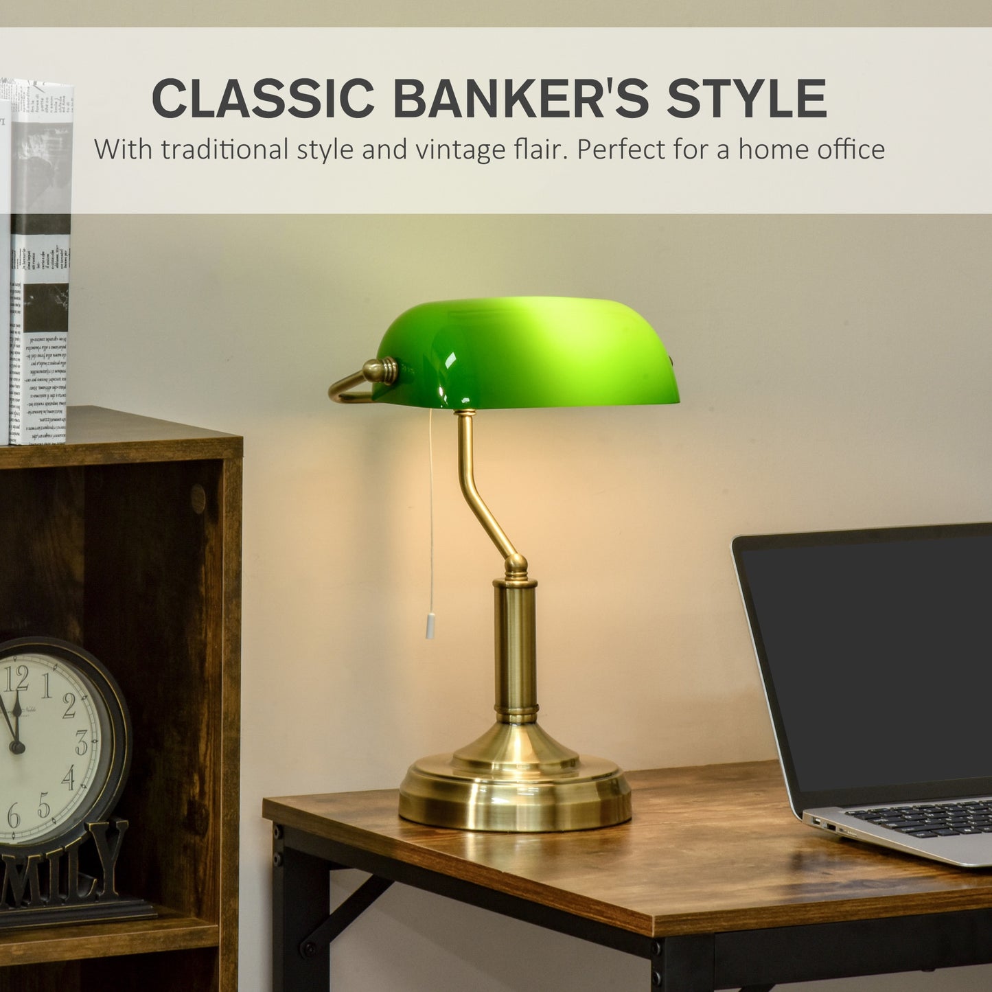 Banker's Table Lamp Desk Lamp w/Antique Bronze Base, Glass Shade and Pull Rope