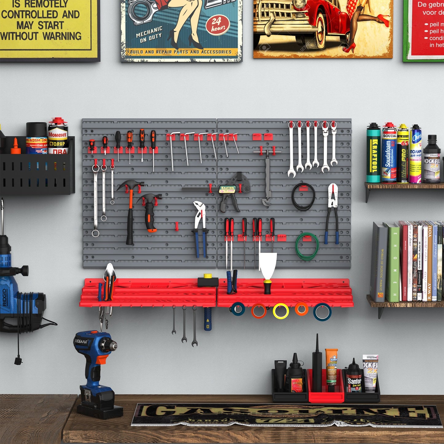 DURHAND PP Wall Mounted Garage Tool Organiser Unit Grey/Red